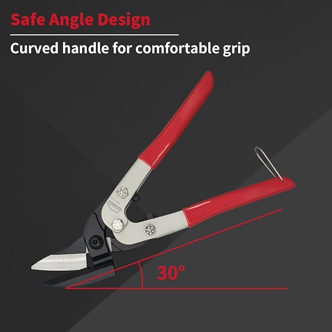 Tin Snips, 10 Inch Aviation Snips, Left Cut, Heavy Duty Sheet Metal Cutter with Safety Lock and Non-slip Handle, CR-V Steel Sharp Teeth, Metal Shears Scissors for Cutting Metal Sheet