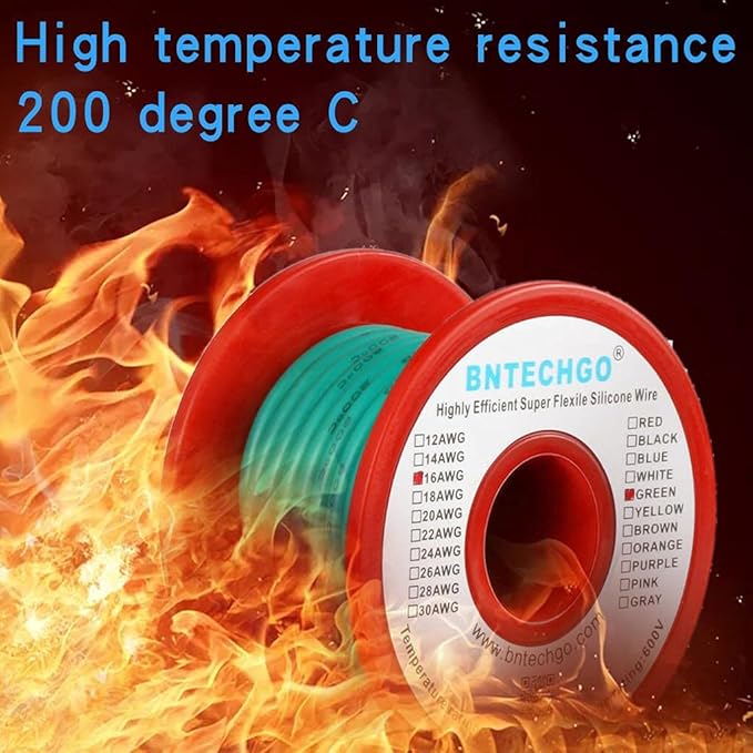 BNTECHGO 16 Gauge Silicone Wire Spool 25 ft Green Flexible 16 AWG Stranded Tinned Copper Wire