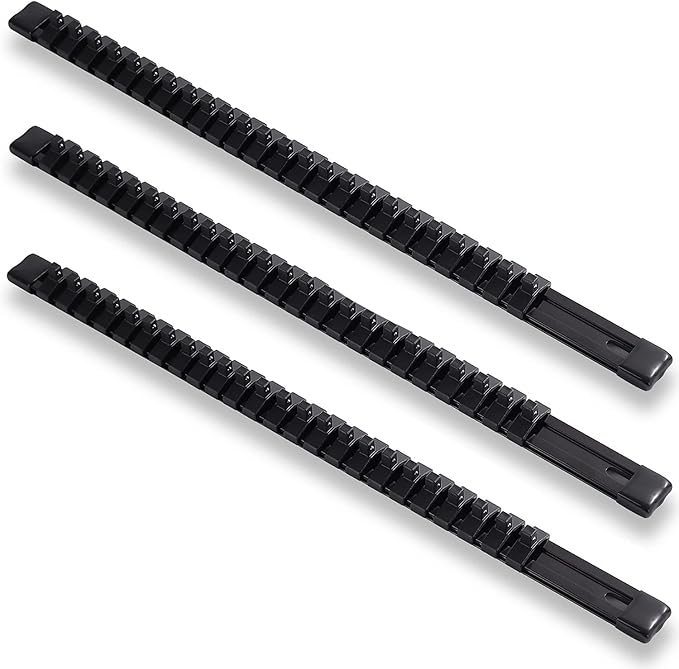 ALOANES 3-Piece 1/4-Inch Drive Aluminum Alloy Socket Organizer, Heavy Duty Socket Racks, Socket Holder Kit for Toolbox Drawer Fit 1/4-Inch x 72 Clips (Black)