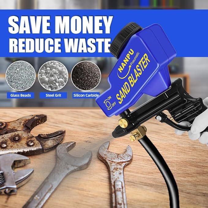 NANPU Light-Duty Air Sandblaster Gun Kit with Siphon & Gravity Feed, Ceramic Nozzle, Metal Body, for Small Project Surface Prep, Paint & Rust Removal, Metal/Wood/Glass Etching, Requires Air Compressor