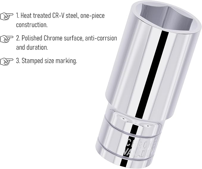24mm(15/16-Inch) Deep Socket, 1/2 Inch Drive, 6-Point, Metric, Heat Treated CR-V Steel Sockets, Full Polishing, 3.1 Inch Length