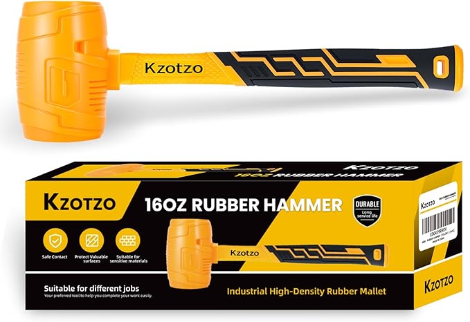 16oz Rubber Mallet Hammer, Fiberglass Handle, Rubber Mallet for Flooring, Tent Stakes, Woodworking, Camping, Soft Blow Tasks without Damage， 2025 upgraded seamless rubber hammer（yellow） (16OZ)