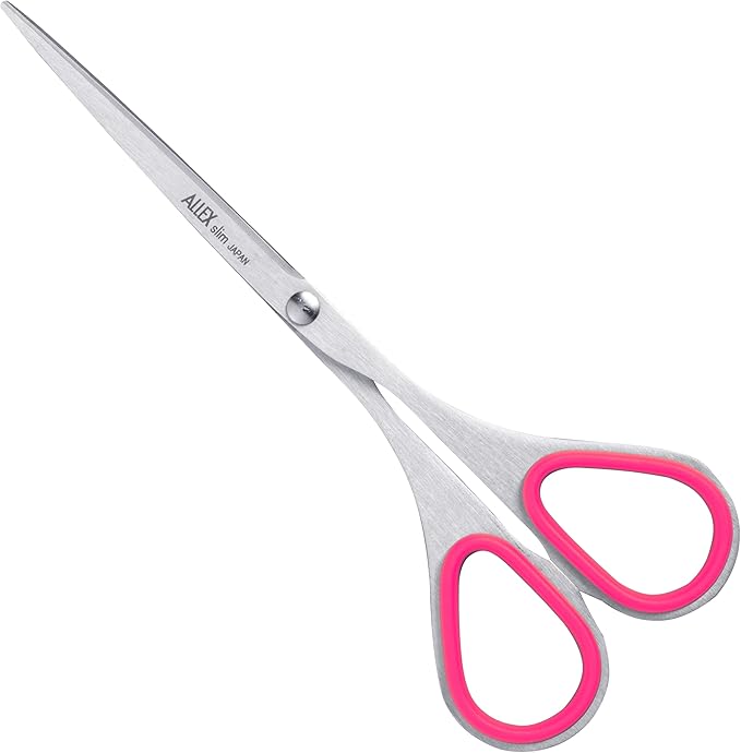 ALLEX Small Skinny Scissors for Office 5.5", All Purpose Slim & Thin Low Profile Scissors, Made in JAPAN, All Metal Sharp Japanese Stainless Steel Blade with Non-Slip Soft Ring, Pink
