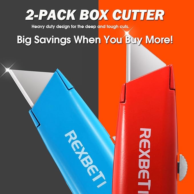 REXBETI 2 Pack Utility Knife with Extra Blades, 2 Color Retractable Blade Heavy Duty Box Cutter for Cartons竊똂ardboard and Boxes竊똄xtra 10 Blades Included