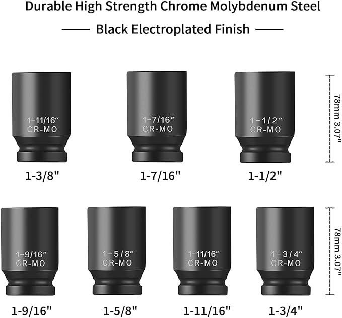 1/2 Inch Drive Deep Impact Socket Set, 6-Point, SAE(1/2 Drive 1-3/8"to1-3/4"), 7 PCS, Cr-Mo, Heavy Duty Impact Socket Set, with a strong case