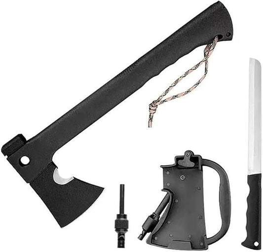 Camping Axe, Survival Hatchet, 4 in 1 Full Tang Tactical Axe with Durable Steel Head & Non-Slip Grip Handle for Camping, Survival, Landscaping