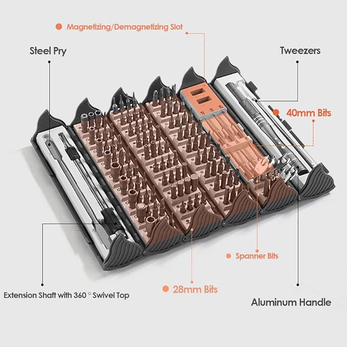 Precision Screwdriver Set Cylinder Organizing Case 128pcs in 1 Case S2 Alloy Steel HRC 56 Hardness Bits Space-saving Roll-up Case Professional Toolset Magnetizing Bit Heads for most sizes (9906)