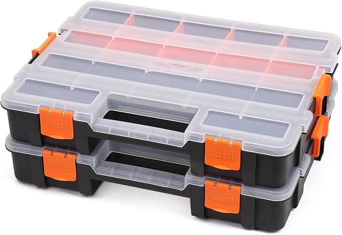 Makitoyo Tool Box Organizers, Interlocking Black Small Parts Organizer for Fasteners, Parts and Crafts w/Removable Dividers, 2 Pieces Pack, Black & Orange,15?쒵횞11.6?쓂횞2.6?쒱