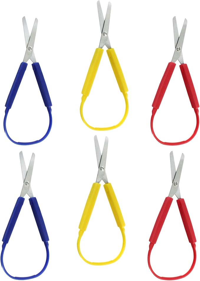 6Pcs Loop Grip Scissors, 7.7 Inch Colorful Adaptive Scissors, Self-Opening HoopScissors for Special Needs, Schools Teaching, Preschool（Yellow,Red, Blue）