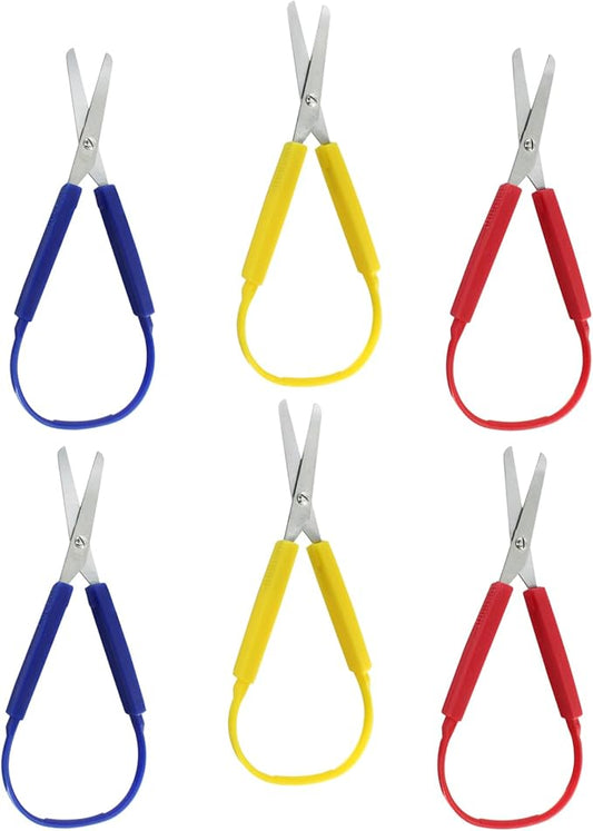 6Pcs Loop Grip Scissors, 7.7 Inch Colorful Adaptive Scissors, Self-Opening HoopScissors for Special Needs, Schools Teaching, Preschool（Yellow,Red, Blue）