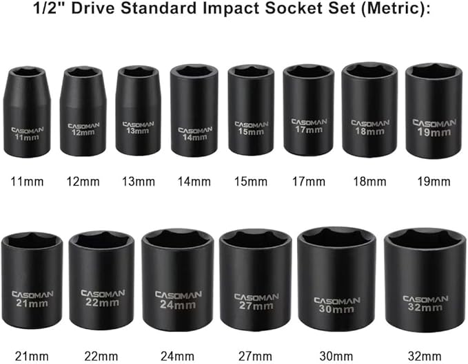 CASOMAN 14 Pieces 1/2-Inch Drive Shallow Impact Socket Set, Metric, 6-Point, 11mm to 32mm