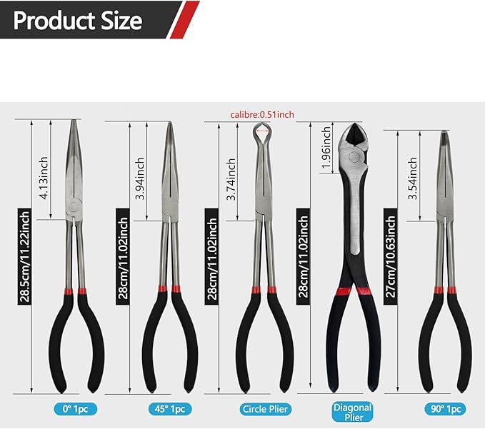 5-Piece 11" Extra Long Needle Nose Pliers Set with Insulated Comfort Grip, Straight Long Reach Plier, 45/90째Bent Nose Pliers,O-shaped nose plier,Diagonal Plier for Bending Shaping Trimming