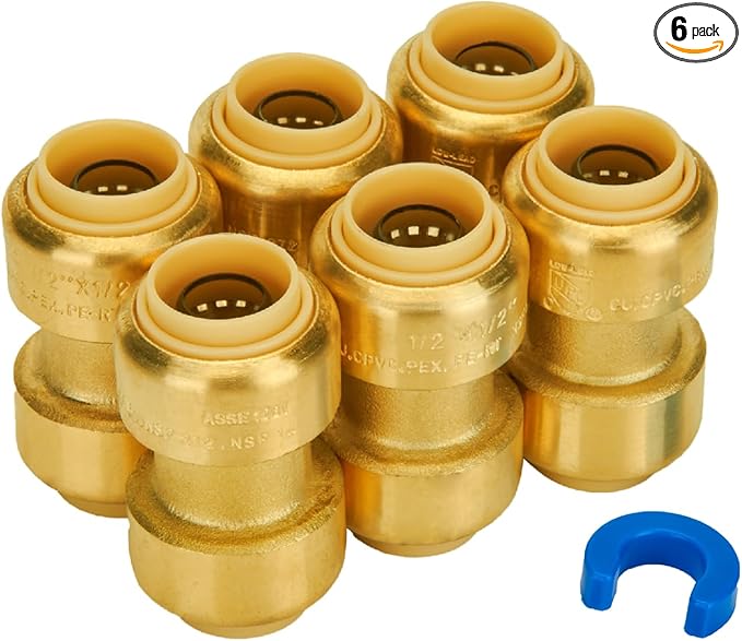 SUNGATOR 1/2 Inch Coupling, Push Pex Coupling 1/2 Inch, No Lead Brass Push-to-Connect Plumbing Fittings for Pex Pipe, Copper, CPVC, with 1 Disconnect Clip, Pack of 6