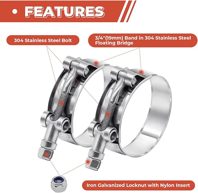 2 Pack 3.25 inch T-Bolt Hose Clamps, Stainless Steel_304 Working Range 89mm-97mm for 3.25" Hose ID, Turbo Intake Intercooler Clamp for Automotive