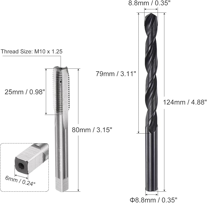 uxcell Metric Tap and Drill Bit Set, M10 x 1.25 Thread Tap & 8.8mm Black Oxide Twist Drill Bit, Straight Flute Tap Tapping Threading Repair Tool Kit