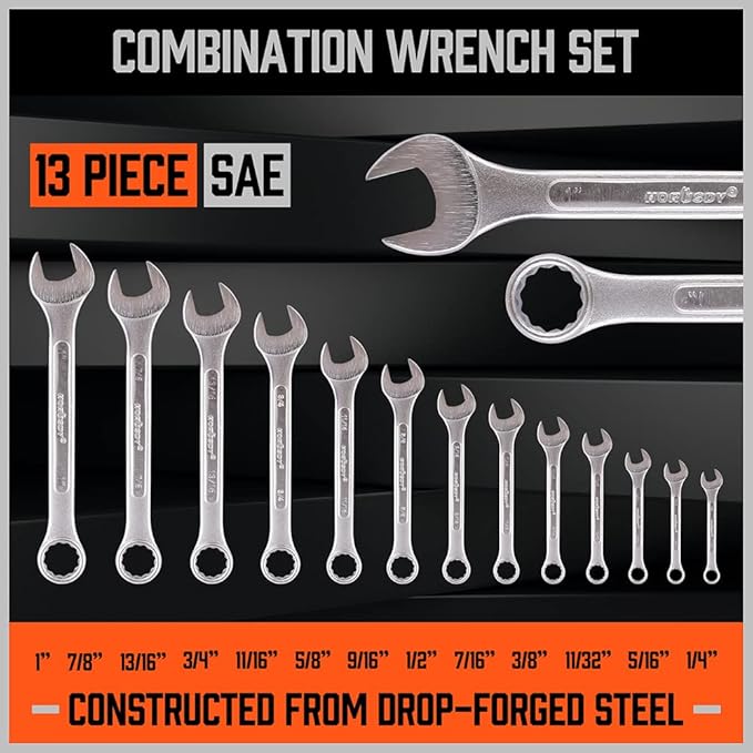 HORUSDY 26-Piece Durable Combination Wrench Set with Roll-up Pouch, Open End Wrench Set for General Household, Garage, Auto Repairs, SAE 1/4??- 1??and Metric 8mm - 24mm
