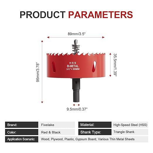 3-1/2" (89mm) Bi-Metal M42 High Speed Steel Hole Saw with Pilot Drill Bit, Smooth Cutting Edge for PVC, Drywall, Wood, Plastic, Gypsum Board, Rubber, Thin Metal
