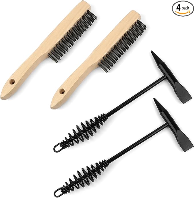4 Pack Welding Chipping Hammer and Wire Brush Set – 11" Hammer with Coil Spring Handle, Cone and Vertical Chisel and 9.8" Stainless Steel Brush for Slag, Spatter, Residue Removal
