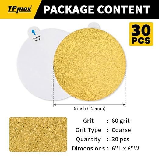 6-Inch 60-Grit Gold PSA Sanding Discs, 30 Pack ??Pro-Grade Self-Adhesive Stickyback Sandpaper with Quick-Release Tabs for DA Sander, Coarse Automotive/Wood/Metal Sanding