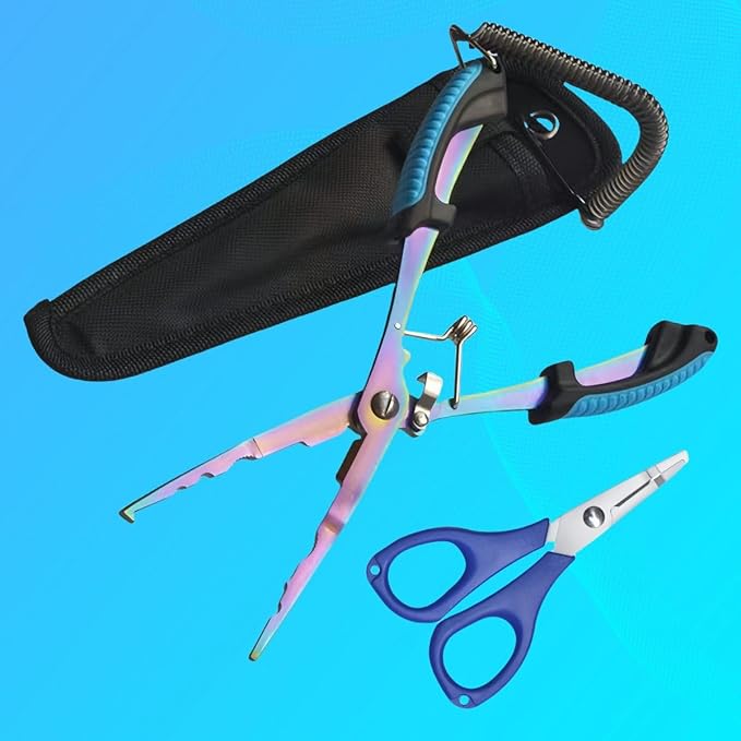 Fishing Needle Nose Pliers, Stainless Steel Fishing Pliers and Scissors Kit with Sheath Lanyard, Hook Remover Split Ring Line Cut Lead Crimp, Aboda Fishing Gear Fresh & Saltwater Fishing Tool Kit