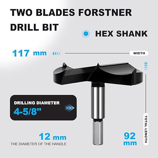 4-5/8 Inch Forstner Drill Bit Carbide Tipped,Woodworking Hinge Cutter for Precise Flat Bottom Holes in Hard Wood,Plywood,Plastic - Professional Grade