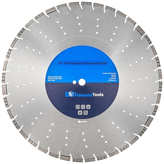 24" All Purpose Diamond Saw Blades for Hard/Reinforced Concrete, Asphalt, Granite, Terrazzo, Ductile Iron Piping, 9-5/8" Cutting Depth, 1" Arbor