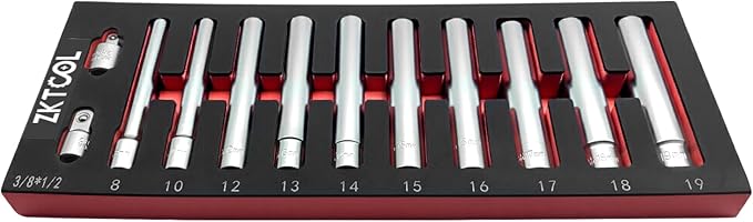 ZKTOOL 12PCS Deep Metric Socket Set 1/2 3/8-Inch Drive 6PT 8-10-12-13-14-15-16-17-18-19MM With 1/2 3/8-Inch Adapter- Extra Long Deep 120MM