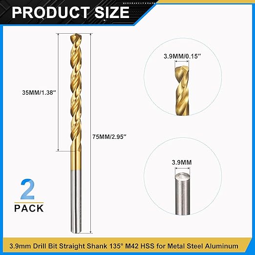 PATIKIL 3.9mm Drill Bit, M42 8% Cobalt High-Speed Steel Jobber Straight Shank 135° Titanium Nitride (TiN) Coated for Hard Metal Stainless Steel - 2 Pack