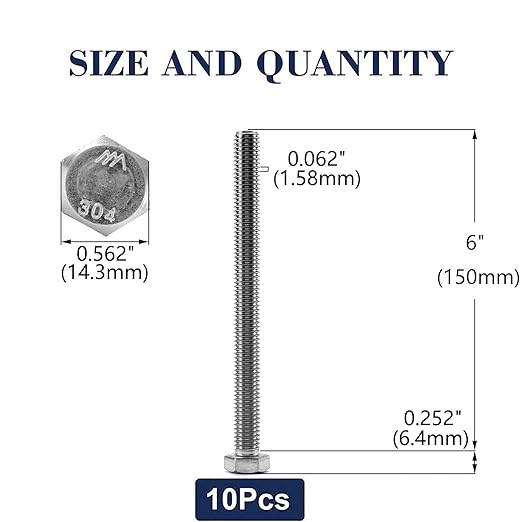 3/8-16 x 6 Hex Head Screw Bolt, 10Pcs 18-8 (304) Stainless Steel, Fully Threaded, Plain Finish, by SG TZH