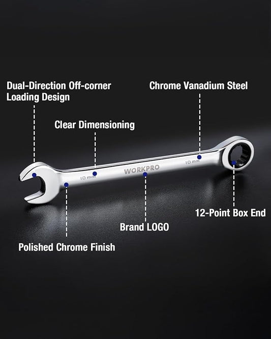 WORKPRO 10 mm Ratcheting Combination Wrench Metric, CR-V Constructed with Mirror Polish Chrome Plating, 12-Point Design, 15-Degree Offset