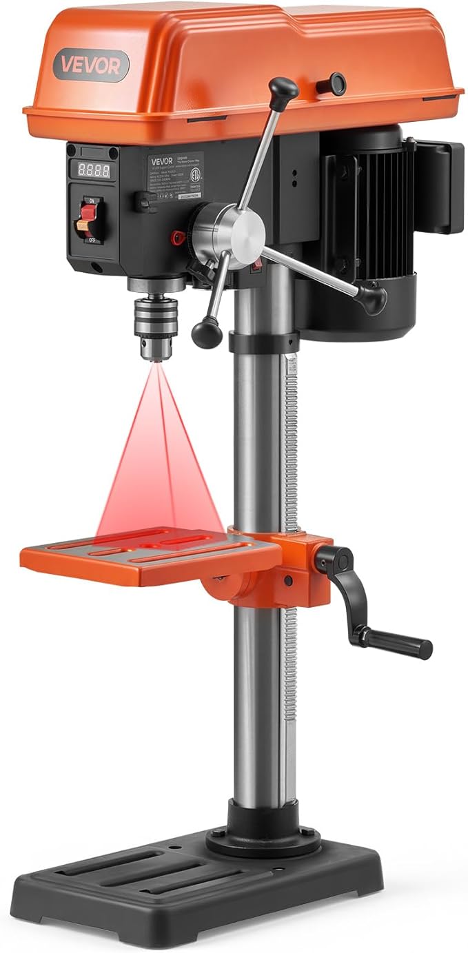 VEVOR 10-Inch Benchtop Drill Press, 5 Amp, 0.8 HP 600W Bench Drill Press, 530-3140 RPM Variable Speed, 0-45째 Tilting Worktable, with Laser and LED Work Light, Tabletop Drilling Machine, for Wood Metal