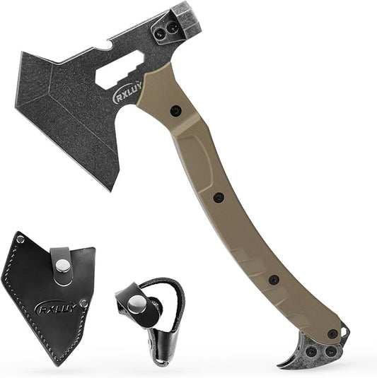 Tactical Axe with G10 Handle Camping Survival Hatchet, Multifunctional Hiking Outdoor Heavy Duty Full Tang Tomahawk Tools with Hammer, Unique Design Crowbar, Leather Sheath (Gray)