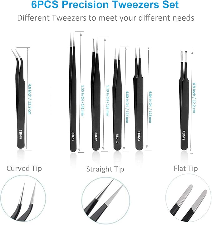YHYZ 6PCS Precision Tweezers Set, Upgraded Anti-Static Stainless Steel Precise Tweezers (Fine, Curved, Flat), Perfect for Craft, Electronic, Soldering, Model, Hobby, Jewelry Making, Laboratory