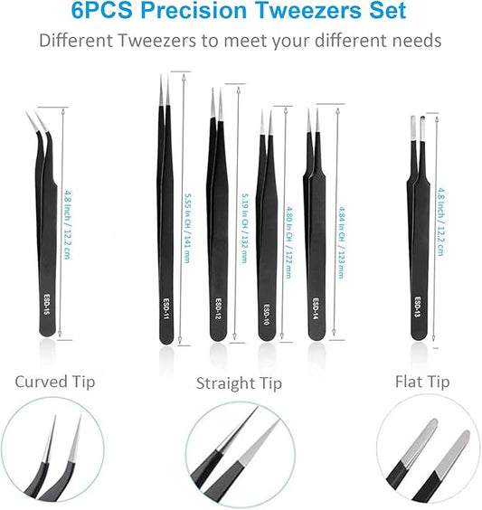 YHYZ 6pcs Precision Tweezers Set, Premium Anti-Static Stainless Steel ESD Tweezers Set Kit for Electronics, Sodlering，Jewelry, Craft, Laboratory Work, DIY
