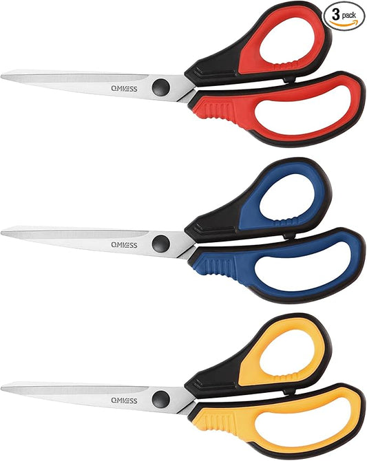QMVESS 8.5" Scissors All Purpose 3 Pack, Ultra Sharp 2.5mm Thick Blade Scissors for Office, Professional Ergonomic Comfort Grip for Office School Home Fabric Sewing DIY Craft Cutting General Use