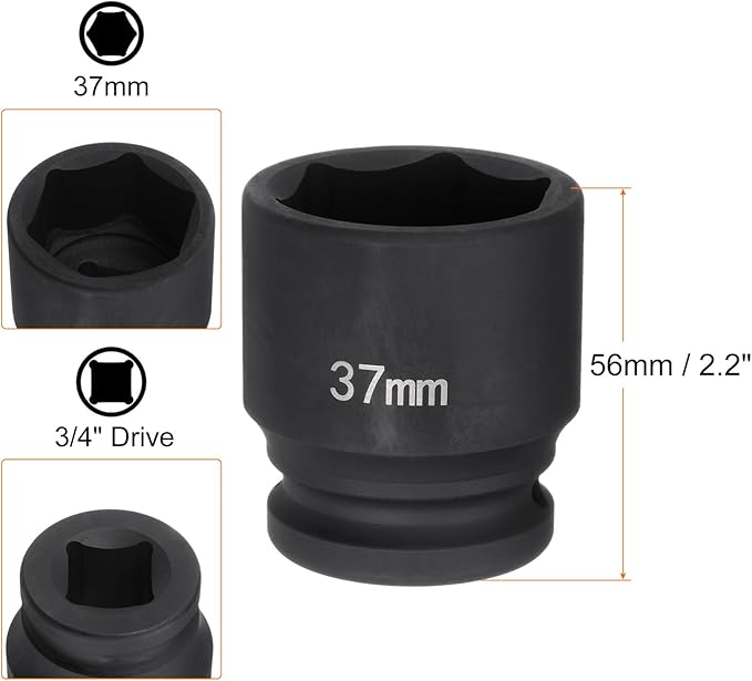 HARFINGTON 6-Point Impact Socket 3/4" Drive 37mm Metric 40Cr Alloy Steel Spindle Axle Nut Impact Socket