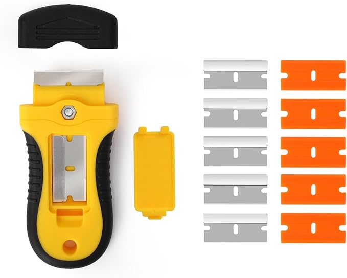 Locking Razor Blade Scraper with Safety Cap Glass Cooktop Scraper with Extra 10 Plastic Razor Blades and 10 Metal Blades for Glass Clean Paint and Old Label Decal Sticker Remover