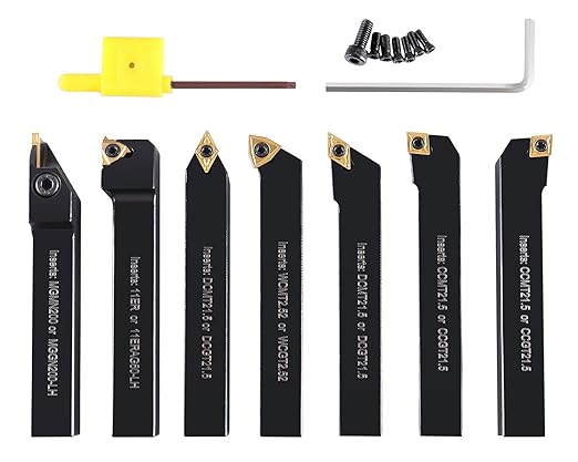 Accusize Industrial Tools 7-Ps Indexable Carbide Turning Tool Set, 1/2" Shank, C6 Grade TiN Coated Inserts, in Fitted Aluminum Case, 2387-2004