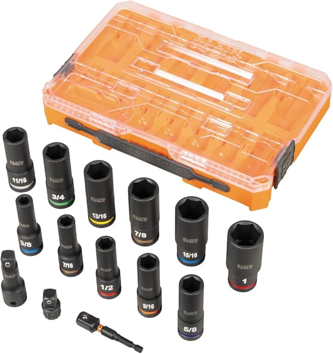 Klein Tools 65111IMPCT KNECT Deep-Well Impact Socket Set, 1/2-Inch Drive, SAE, Color Coded, MODbox Case, Impact Adapter and Extension, 14-Piece
