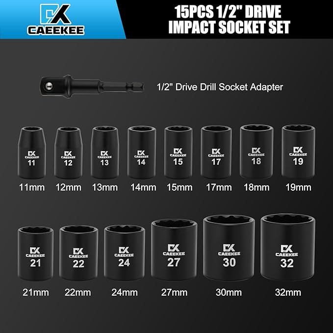 15PCS 1/2" Drive Shallow 12-Point Impact Socket Set, Metric(11mm - 32mm), Cr-V Steel, Includes Drill Socket Adapter