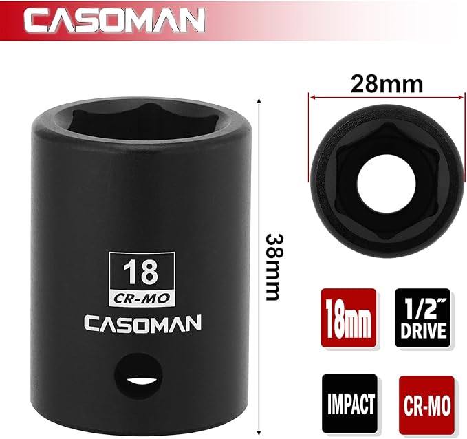 CASOMAN 1/2" Drive x 18mm Impact Socket, 6-Point, Metric, CR-MO