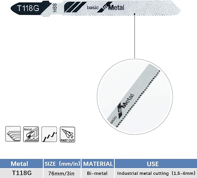 TAROSE 10-Piece T118G 3 Inch 32 TPI Assorted T-Shank Jig Saw Blades Set for Cutting Metal