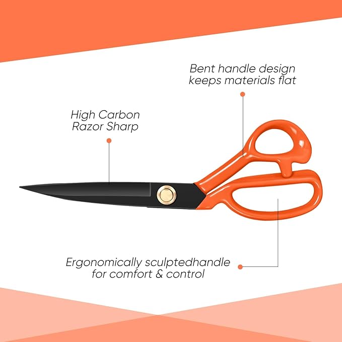 Professional Tailor Scissors Heavy Duty - Multi-Purpose Sewing Fabric Scissors for Leather Cutting Industrial Sharp Shears Home Office Arts, and Crafts (10 Inch) Orange