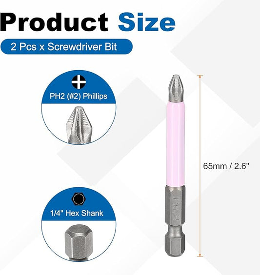 HARFINGTON 2pcs #2 Phillips Impact Screwdriver Bit PH2 1/4" Hex Shank 2.6" (65mm) Magnetic Anti Slip Cross Head Drill Bits K5 Steel Screw Driver Tool, Pink