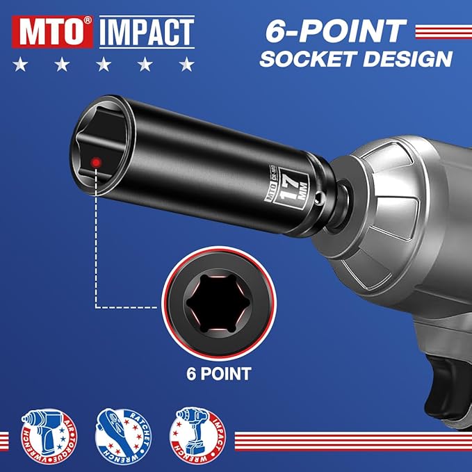 MTO 1/2" Drive 17mm Deep Impact Socket, 6 Pt. Metric Socket, CR-MO Steel & Anti-Corrosion Coating for Heavy-Duty Use
