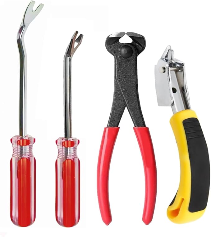 4Pcs Upholstery Staple Remover Tool Set Nail Puller, Staple Puller Set Including End Cutting Plier, Tack Pullers, Carpet Remover, Removing Staples from Construction Furniture Floor Wall Wooden