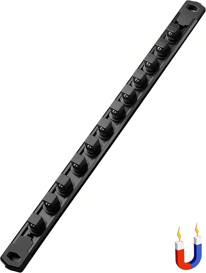 ALOANES 1/2-Inch Drive Magnetic Socket Organizer, Heavy Duty Aluminum Socket Rail Organizer, 360째 Swivel Clips Socket Rail Set For Sockets Storage, 1/2 Inch Socket Holder x 12 Clips (Black)