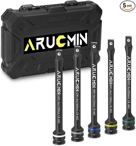 1/2" Drive Torque Limiting Extension Bar Set, 5-Piece Lug Nut Torque Stick Set With 8 Inch Color-Coded 65 to 140 Ft-Lbs Torque Sticks