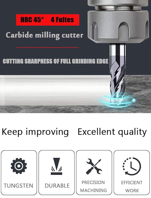 1/8" Carbide Square End Mill, HRC 45 Deg Single End 4 Flute AlTiN Coating Mill Bits…