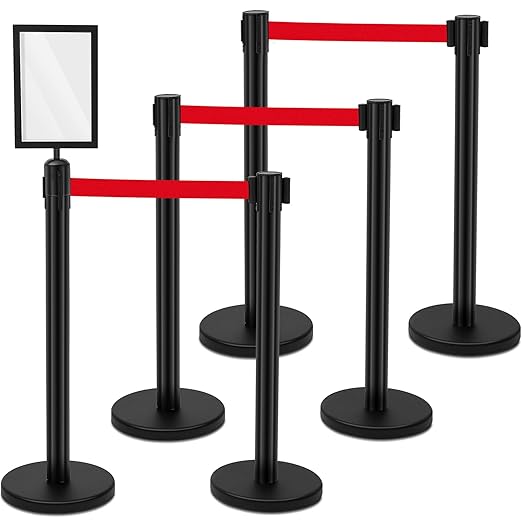 Therwen 6 Pack Heavy Duty Crowd Control Stanchions 9.8 ft Stainless Steel Stanchion Set with Safety Barrier Post Retractable Belt and Sign Holder Crowd Control Barrier(Red Belt, Black)